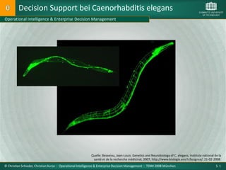 Decision Support bei Caenorhabditis elegans
Operational Intelligence & Enterprise Decision Management




                                                           Quelle: Besserau, Jean-Louis: Genetics and Neurobiology of C. elegans, Institute national de la
                                                            santé et de la recherche médicinal, 2007, http://www.biologie.ens.fr/bcsgnce/, 21-02-2008.
© Christian Schieder, Christian Kurze : Operational Intelligence & Enterprise Decision Management : TDWI 2008 München                                 S. 1
 