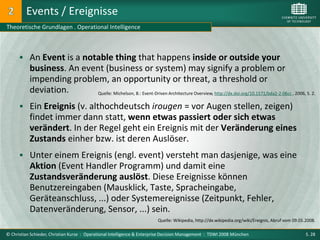 Events / Ereignisse
Theoretische Grundlagen . Operational Intelligence



       An Event is a notable thing that happens inside or outside your
           business. An event (business or system) may signify a problem or
           impending problem, an opportunity or threat, a threshold or
           deviation.      Quelle: Michelson, B.: Event-Driven Architecture Overview, http://dx.doi.org/10.1571/bda2-2-06cc , 2006, S. 2.

       Ein Ereignis (v. althochdeutsch irougen = vor Augen stellen, zeigen)
           findet immer dann statt, wenn etwas passiert oder sich etwas
           verändert. In der Regel geht ein Ereignis mit der Veränderung eines
           Zustands einher bzw. ist deren Auslöser.
       Unter einem Ereignis (engl. event) versteht man dasjenige, was eine
           Aktion (Event Handler Programm) und damit eine
           Zustandsveränderung auslöst. Diese Ereignisse können
           Benutzereingaben (Mausklick, Taste, Spracheingabe,
           Geräteanschluss, ...) oder Systemereignisse (Zeitpunkt, Fehler,
           Datenveränderung, Sensor, ...) sein.
                                                                         Quelle: Wikipedia, http://de.wikipedia.org/wiki/Ereignis, Abruf vom 09.05.2008.

© Christian Schieder, Christian Kurze : Operational Intelligence & Enterprise Decision Management : TDWI 2008 München                              S. 28
 