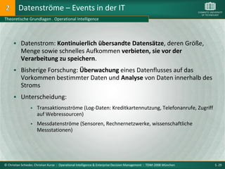 Datenströme – Events in der IT
Theoretische Grundlagen . Operational Intelligence




       Datenstrom: Kontinuierlich übersandte Datensätze, deren Größe,
           Menge sowie schnelles Aufkommen verbieten, sie vor der
           Verarbeitung zu speichern.
       Bisherige Forschung: Überwachung eines Datenflusses auf das
           Vorkommen bestimmter Daten und Analyse von Daten innerhalb des
           Stroms
       Unterscheidung:
                     Transaktionsströme (Log-Daten: Kreditkartennutzung, Telefonanrufe, Zugriff
                      auf Webressourcen)
                     Messdatenströme (Sensoren, Rechnernetzwerke, wissenschaftliche
                      Messstationen)




© Christian Schieder, Christian Kurze : Operational Intelligence & Enterprise Decision Management : TDWI 2008 München   S. 29
 