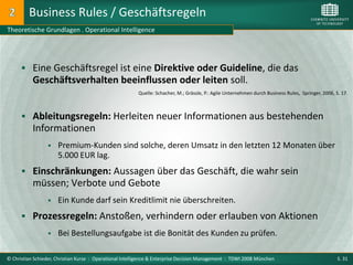 Business Rules / Geschäftsregeln
Theoretische Grundlagen . Operational Intelligence




       Eine Geschäftsregel ist eine Direktive oder Guideline, die das
           Geschäftsverhalten beeinflussen oder leiten soll.
                                                         Quelle: Schacher, M.; Grässle, P.: Agile Unternehmen durch Business Rules, Springer, 2006, S. 17.



       Ableitungsregeln: Herleiten neuer Informationen aus bestehenden
           Informationen
                     Premium-Kunden sind solche, deren Umsatz in den letzten 12 Monaten über
                      5.000 EUR lag.
       Einschränkungen: Aussagen über das Geschäft, die wahr sein
           müssen; Verbote und Gebote
                     Ein Kunde darf sein Kreditlimit nie überschreiten.
       Prozessregeln: Anstoßen, verhindern oder erlauben von Aktionen
                     Bei Bestellungsaufgabe ist die Bonität des Kunden zu prüfen.

© Christian Schieder, Christian Kurze : Operational Intelligence & Enterprise Decision Management : TDWI 2008 München                                S. 31
 