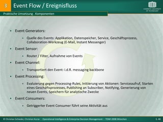 Event Flow / Ereignisfluss
Praktische Umsetzung . Komponenten




          Event Generators:
                     Quelle des Events: Applikation, Datenspeicher, Service, Geschäftsprozess,
                      Collaboration-Werkzeug (E-Mail, Instant Messenger)
          Event Sensor:
                     Router / Filter, Aufnahme von Events
          Event Channel:
                     Transportiert den Event: i.d.R. messaging backbone
          Event Processing:
                     Evaluierung gegen Processing-Rules, Initiierung von Aktionen: Serviceaufruf, Starten
                      eines Geschäftsprozesses, Publishing an Subscriber, Notifying, Generierung von
                      neuen Events, Speichern für analytische Zwecke
          Event Consumers:
                     Getriggerter Event Consumer führt seine Aktivität aus


© Christian Schieder, Christian Kurze : Operational Intelligence & Enterprise Decision Management : TDWI 2008 München   S. 48
 