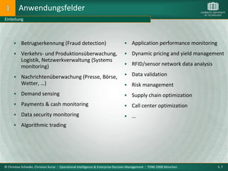 Anwendungsfelder
Einleitung




          Betrugserkennung (Fraud detection)                                        Application performance monitoring
          Verkehrs- und Produktionsüberwachung,                                     Dynamic pricing and yield management
           Logistik, Netzwerkverwaltung (Systems
                                                                                     RFID/sensor network data analysis
           monitoring)
                                                                                     Data validation
          Nachrichtenüberwachung (Presse, Börse,
           Wetter, …)                                                                Risk management
          Demand sensing                                                            Supply chain optimization
          Payments & cash monitoring                                                Call center optimization
          Data security monitoring                                                  …
          Algorithmic trading




© Christian Schieder, Christian Kurze : Operational Intelligence & Enterprise Decision Management : TDWI 2008 München      S. 7
 