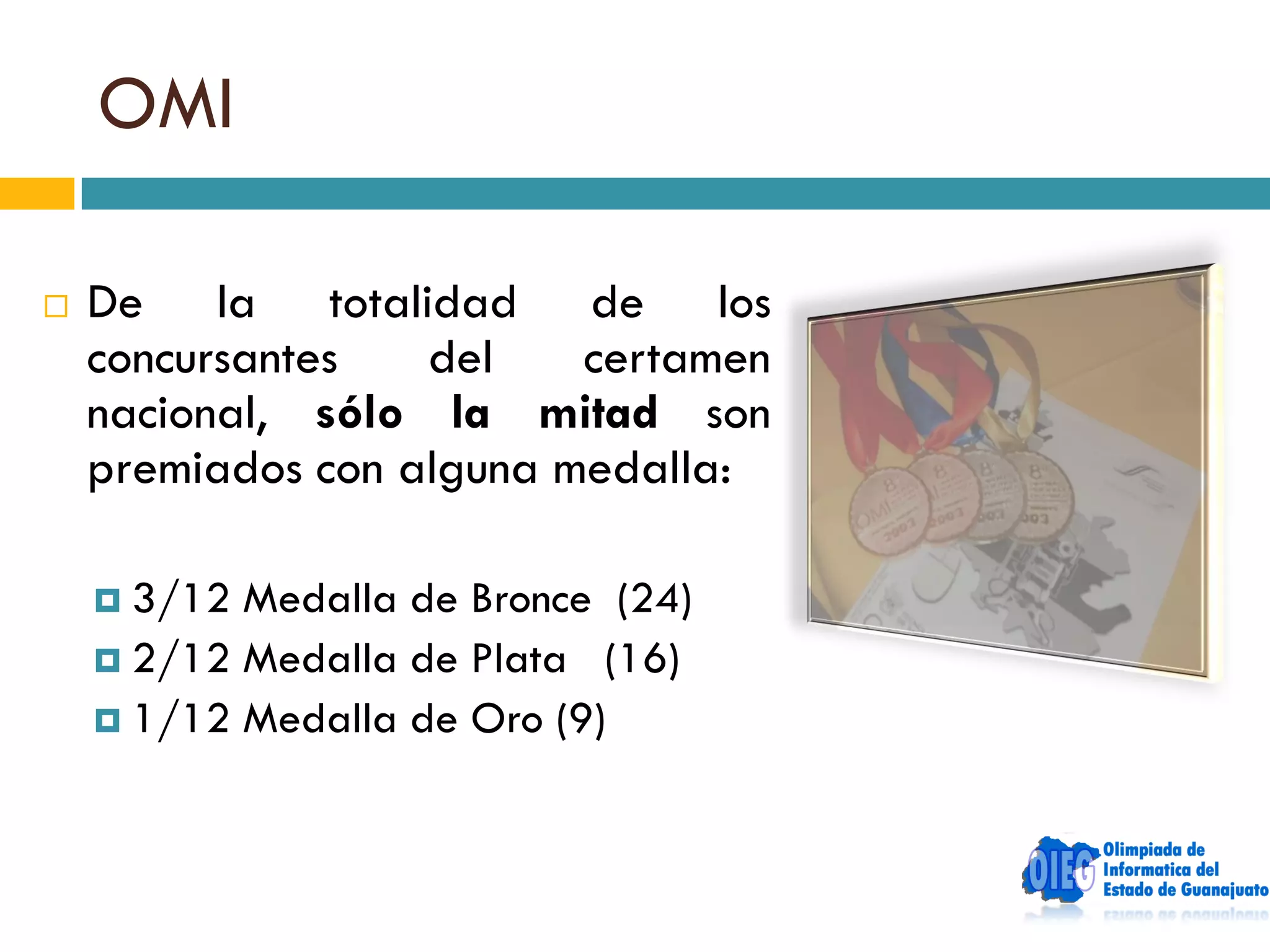 OMI

   De la totalidad de los
    concursantes   del    certamen
    nacional, sólo la mitad son
    premiados con alguna medalla:

     3/12 Medalla de Bronce (24)
     2/12 Medalla de Plata (16)
     1/12 Medalla de Oro (9)
 