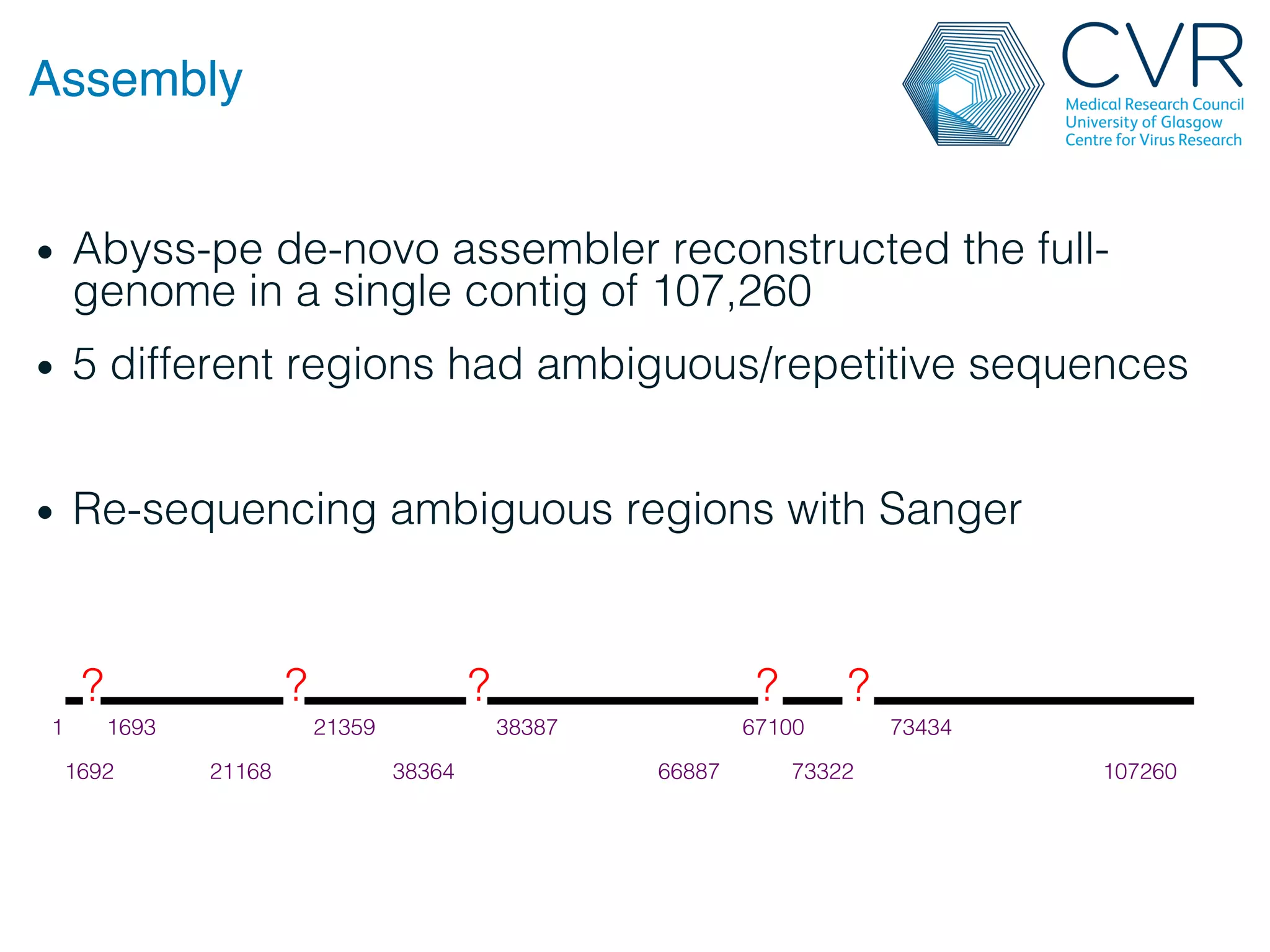 Assembly"
• Abyss-pe de-novo assembler reconstructed the full-
genome in a single contig of 107,260!
• 5 different regions had ambiguous/repetitive sequences !
• Re-sequencing ambiguous regions with Sanger!
1!
1692!
1693!
21168!
21359!
38364!
38387!
66887!
67100!
73322!
73434!
107260!
?! ?! ?! ?! ?!