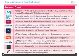 © Copyright OIES Consulting. All rights reserved.6
Our customers (partial view)
Customer Project
“IoT Solution Architect” as an external consultant working on an interim basis
as part of Tech Data’s IoT Global central team.
Working for leading M2M industry analyst Beecham Research on a variety of
projects (Telefonica IoT in a Box, IoT in Manufacturing, Retail, Insurance).
Europe Market Analysis and Lead Generation for Subex IoT security system
Sales management and general management services to further the growth of
the Company’s business in Spain and Portugal.
IoT Consulting Services for IOT Solution World Congress.
IoT Workshops with Cisco channel partners and Cisco’s account managers
Assisting the company in marketing, lead generation, consulting services
M2M Service Providers and Market Analysis and Lead Generation for EyesonT
IoT connectivity optimization and monitoring system.
Business Development Services (Go to Market Strategy & Lead Generation)
Project assistance from time to time – M2M Service Providers Analysis, Smart
Grid market analysis for a Network Operator.
 