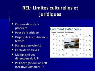 REL: Limites culturelles etREL: Limites culturelles et
juridiquesjuridiques
 Conservation de laConservation de la
propriétépropriété
 Peur de la critiquePeur de la critique
 Dispositifs institutionnelsDispositifs institutionnels
fermésfermés
 Partage peu valoriséPartage peu valorisé
 Contrats de travailContrats de travail
 Multiplicité desMultiplicité des
détenteurs de la PIdétenteurs de la PI
 PI: Copyright ou CopyleftPI: Copyright ou Copyleft
(Creative Commons) ?(Creative Commons) ?
 