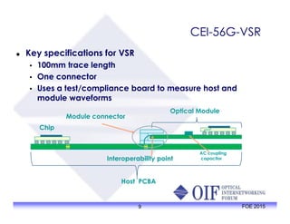 CEI-56G-VSR
 Key specifications for VSR
• 100mm trace length
• One connector
• Uses a test/compliance board to measure host and
module waveforms
Optical Module
Module connector
9 FOE 2015
 Key specifications for VSR
• 100mm trace length
• One connector
• Uses a test/compliance board to measure host and
module waveforms
Host PCBA
Optical Module
Interoperability point
Chip
Module connector
AC coupling
capacitor
 