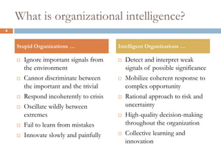 What is organizational intelligence?<br />Ignore important signals from the environment<br />Cannot discriminate between t...