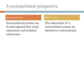 A sociotechnical perspective<br />Sociotechnical systems can be decomposed into social subsystems and technical subsystems...