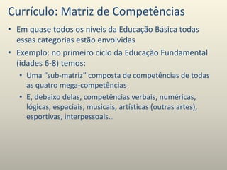 Currículo: Matriz de Competências
• Em quase todos os níveis da Educação Básica todas
essas categorias estão envolvidas
• Exemplo: no primeiro ciclo da Educação Fundamental
(idades 6-8) temos:
• Uma “sub-matriz” composta de competências de todas
as quatro mega-competências
• E, debaixo delas, competências verbais, numéricas,
lógicas, espaciais, musicais, artísticas (outras artes),
esportivas, interpessoais…
 