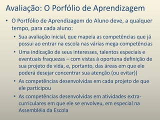 Avaliação: O Porfólio de Aprendizagem
• O Portfólio de Aprendizagem do Aluno deve, a qualquer
tempo, para cada aluno:
• Sua avaliação inicial, que mapeia as competências que já
possui ao entrar na escola nas várias mega-competências
• Uma indicação de seus interesses, talentos especiais e
eventuais fraquezas – com vistas à oportuna definição de
sua projeto de vida, e, portanto, das áreas em que ele
poderá desejar concentrar sua atenção (ou evitar))
• As competências desenvolvidas em cada projeto de que
ele participou
• As competências desenvolvidas em atividades extra-
curriculares em que ele se envolveu, em especial na
Assembléia da Escola
 
