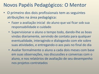 Novos Papéis Pedagógicos: O Mentor
• O primeiro dos dois profissionais tem as seguintes
atribuições na área pedagógica:
• Fazer a avaliação inicial do aluno que vai ficar sob sua
responsabilidade e cuidado
• Supervisionar o aluno o tempo todo, dando-lhe as boas
vindas diariamente, servindo de contato para qualquer
eventualidade, interagindo e dialogando com ele sobre
suas atividades, e entregando-o aos pais no final do dia
• Avaliar formalmente o aluno a cada dois meses com base
em suas observações, nas discussões e conversas com o
aluno, e nos relatórios de avaliação de seu desempenho
nos projetos contratados
 