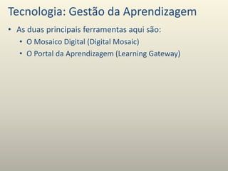 Tecnologia: Gestão da Aprendizagem
• As duas principais ferramentas aqui são:
• O Mosaico Digital (Digital Mosaic)
• O Portal da Aprendizagem (Learning Gateway)
 