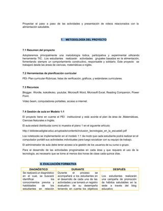  
Proyectar el paso a paso de las actividades y presentación de videos relacionados con la                             
alimentación saludable. 
 
 
 
7. METODOLOGÍA DEL PROYECTO 
 
7.1 Resumen del proyecto 
Adoptaremos principalmente una metodología lúdica, participativa y experimental utilizando                 
herramienta TIC. .Los estudiantes realizarán actividades grupales basados en la alimentación,                     
fomentando siempre un comportamiento constructivo, responsable y solidario. Este proyecto se                     
trabajará desde las áreas de ciencias, matemáticas e inglés. 
 
7.2 Herramientas de planificación curricular 
PEI­ Plan curricular­Rúbricas, listas de verificación, gráficos, y estándares curriculares. 
 
7.3 Recursos 
Blogger, Wordle, kokolikoko, youtube, Microsoft Word, Microsoft Excel, Reading Companion, Power                     
Point. 
Video beam, computadores portatiles, acceso a internet. 
 
7.4 Gestión de aula en Modelo 1:1 
El proyecto tiene en cuenta el PEI institucional y está acorde el plan de área de ,Matemáticas,                                 
Ciencias Naturales e Inglés. 
El aula estará distribuida como lo muestra el plano 1 en el siguiente artículo:  
http:// bibliotecadigital.educ.ar/uploads/contents/inclusion_tecnologias_en_la_escuela0.pdf  
Los notebooks se implementarán en el modelo 1:1 de modo que cada estudiante podrá realizar en el                                 
computador portátil sus actividades individuales para luego socializar con su equipo de trabajo. 
El administrador de aula debe tener acceso a la gestión de los usuarios de su curso o grupo.  
Para el desarrollo de las actividades programadas en cada área y que requiere el uso de la                                 
tecnología, es necesario que se tome al menos dos horas de clase cada quince días.  
 
 8. EVALUACIÓN FORMATIVA  
DIAGNÓSTICO  DURANTE  DESPUÉS 
Se realizará un diagnóstico       
en el cual, se buscará         
identificar los   
conocimientos previos y     
habilidades de los     
estudiantes en relación     
Durante el proceso se       
acompañará a los estudiantes en         
el desarrollo de cada una de las             
actividades y se tomará un registro           
evaluativo de su desempeño       
teniendo en cuenta los objetivos         
 
Los estudiantes realizarán     
una campaña de promoción       
de hábitos saludables en la         
sede a través del blog         
educativo  
 