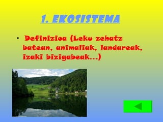 1. EKOSISTEMA Definizioa (Leku zehatz batean, animaliak, landareak, izaki bizigabeak...) 