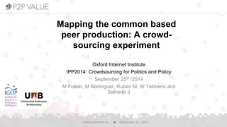 Full Name Author 
Mapping the common based peer production: A crowd- sourcing experiment 
Oxford Internet Institute 
IPP2014:Crowdsourcing for Politics and Policy 
September 25th/2014 
M Fuster, M Berlinguer, Ruben M, W Tebbensand Salcedo J 
September 25, 2014 
www.p2pvalue.eu  