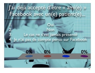 J’ai déjà accepté d’être « ami(e) »
 Facebook avec un(e) patient(e)...
1.                      Oui
2.                     Non
                 Entrer	
  une	
  ques*on...
                 Réponse	
  1

3.        Le cas ne s’est jamais présenté
                 Réponse	
  2
                 Réponse	
  3
                 Réponse	
  

4. Je n’ai pas de compte perso sur Facebook




                                               13
 