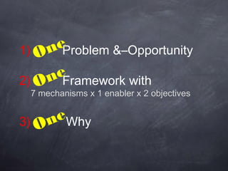 e
1) On Problem &–Opportunity
     e
2) On Framework with
 7 mechanisms x 1 enabler x 2 objectives


3) On eWhy
 