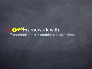 2) OneFramework with
 7 mechanisms x 1 enabler x 2 objectives
 