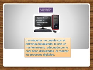 D. CONSEJERIA
ESTUDIANTIL
Sistema Operativo:
Windows XP.
Antivirus Actual:
Avast 3.2
L a máquina no cuenta con el
antivirus actualizado, ni con un
mantenimiento adecuado por lo
cual tiene dificultades al realizar
los procesos digitales.
 