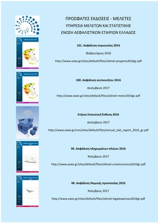 ΠΡΟΣΦΑΤΕΣ ΕΚΔΟΣΕΙΣ - ΜΕΛΕΤΕΣ
ΥΠΗΡΕΣΙΑ ΜΕΛΕΤΩΝ ΚΑΙ ΣΤΑΤΙΣΤΙΚΗΣ
ΕΝΩΣΗ ΑΣΦΑΛΙΣΤΙΚΩΝ ΕΤΑΙΡΙΩΝ ΕΛΛΑΔΟΣ
101. Ασφάλιση περιουσίας 2016
Φεβρουάριος 2018
http://www.eaee.gr/sites/default/files/oikmel-property2016gr.pdf
100. Ασφάλιση αυτοκινήτου 2016
Δεκέμβριος 2017
http://www.eaee.gr/sites/default/files/oikmel-motor2016gr.pdf
Ετήσια Στατιστική Έκθεση 2016
Δεκέμβριος 2017
http://www.eaee.gr/cms/sites/default/files/annual_stat_report_2016_gr.pdf
99. Ασφάλιση πληρωμάτων πλοίων 2016
Νοέμβριος 2017
http://www.eaee.gr/sites/default/files/oikmel-crewinsurance2016gr.pdf
98. Ασφάλιση Νομικής προστασίας 2016
Νοέμβριος 2017
http://www.eaee.gr/sites/default/files/oikmel-legalexpenses2016gr.pdf
 