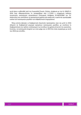 ΕΑΕΕ Σελίδα 7
αυτά έχουν υιοθετηθεί από την Ευρωπαϊκή Ένωση. Επίσης, σύμφωνα με τον Ν. 4364/5-2-
2016 περί «Φερεγγυότητας ΙΙ» καταργήθηκε από 1-1-2016 η υποχρέωση έκδοσης
συνοπτικών οικονομικών καταστάσεων (Υπουργική Απόφαση Κ3-4814/2004 του Υπ.
Ανάπτυξης) που αποτέλεσε τα προηγούμενα χρόνια μία αναλυτική, ευρεία και ομοιόμορφη
εικόνα των οικονομικών μεγεθών των ασφαλιστικών επιχειρήσεων.
Όπως γίνεται φανερό, οι διαφορετικές λογιστικές προσεγγίσεις πριν και μετά το 2016
οδηγούν σε διαφορετικό χειρισμό ορισμένων οικονομικών μεγεθών, με συνέπεια τη
διαφοροποίηση του τρόπου υπολογισμού των συνόλων της χρήσης εξ αυτού του γεγονότος.
Συνεπώς, τα οικονομικά στοιχεία των ετών μέχρι και το 2015 δεν είναι συγκρίσιμα με αυτά
του 2016 και εντεύθεν.
 