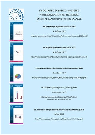 ΠΡΟΣΦΑΤΕΣ ΕΚΔΟΣΕΙΣ - ΜΕΛΕΤΕΣ
ΥΠΗΡΕΣΙΑ ΜΕΛΕΤΩΝ ΚΑΙ ΣΤΑΤΙΣΤΙΚΗΣ
ΕΝΩΣΗ ΑΣΦΑΛΙΣΤΙΚΩΝ ΕΤΑΙΡΙΩΝ ΕΛΛΑΔΟΣ
99. Ασφάλιση πληρωμάτων πλοίων 2016
Νοέμβριος 2017
http://www.eaee.gr/sites/default/files/oikmel-crewinsurance2016gr.pdf
98. Ασφάλιση Νομικής προστασίας 2016
Νοέμβριος 2017
http://www.eaee.gr/sites/default/files/oikmel-legalexpenses2016gr.pdf
97. Οικονομικά στοιχεία ασφαλιστικών επιχειρήσεων 2016
Οκτώβριος 2017
http://www.eaee.gr/sites/default/files/oikmel-companies2016gr.pdf
96. Ασφάλιση Γενικής αστικής ευθύνης 2016
Σεπτέμβριος 2017
http://www.eaee.gr/sites/default/files/oikmel-
GeneraLCivilLiability2016gr.pdf
95. Στατιστικά στοιχεία ασφαλίσεων Ζωής: σύνολο έτους 2016
Μάιος 2017
http://www.eaee.gr/sites/default/files/oikmel-life2016gr.pdf
 