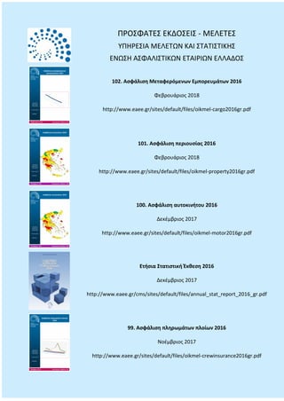 ΠΡΟΣΦΑΤΕΣ ΕΚΔΟΣΕΙΣ - ΜΕΛΕΤΕΣ
ΥΠΗΡΕΣΙΑ ΜΕΛΕΤΩΝ ΚΑΙ ΣΤΑΤΙΣΤΙΚΗΣ
ΕΝΩΣΗ ΑΣΦΑΛΙΣΤΙΚΩΝ ΕΤΑΙΡΙΩΝ ΕΛΛΑΔΟΣ
102. Ασφάλιση Μεταφερόμενων Εμπορευμάτων 2016
Φεβρουάριος 2018
http://www.eaee.gr/sites/default/files/oikmel-cargo2016gr.pdf
101. Ασφάλιση περιουσίας 2016
Φεβρουάριος 2018
http://www.eaee.gr/sites/default/files/oikmel-property2016gr.pdf
100. Ασφάλιση αυτοκινήτου 2016
Δεκέμβριος 2017
http://www.eaee.gr/sites/default/files/oikmel-motor2016gr.pdf
Ετήσια Στατιστική Έκθεση 2016
Δεκέμβριος 2017
http://www.eaee.gr/cms/sites/default/files/annual_stat_report_2016_gr.pdf
99. Ασφάλιση πληρωμάτων πλοίων 2016
Νοέμβριος 2017
http://www.eaee.gr/sites/default/files/oikmel-crewinsurance2016gr.pdf
 