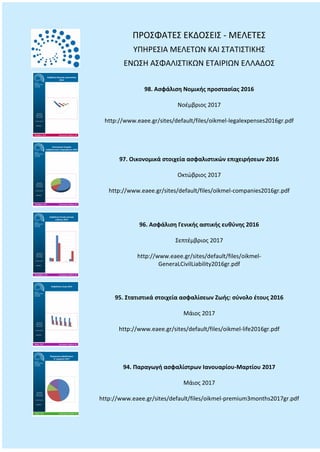 ΠΡΟΣΦΑΤΕΣ ΕΚΔΟΣΕΙΣ - ΜΕΛΕΤΕΣ
ΥΠΗΡΕΣΙΑ ΜΕΛΕΤΩΝ ΚΑΙ ΣΤΑΤΙΣΤΙΚΗΣ
ΕΝΩΣΗ ΑΣΦΑΛΙΣΤΙΚΩΝ ΕΤΑΙΡΙΩΝ ΕΛΛΑΔΟΣ
98. Ασφάλιση Νομικής προστασίας 2016
Νοέμβριος 2017
http://www.eaee.gr/sites/default/files/oikmel-legalexpenses2016gr.pdf
97. Οικονομικά στοιχεία ασφαλιστικών επιχειρήσεων 2016
Οκτώβριος 2017
http://www.eaee.gr/sites/default/files/oikmel-companies2016gr.pdf
96. Ασφάλιση Γενικής αστικής ευθύνης 2016
Σεπτέμβριος 2017
http://www.eaee.gr/sites/default/files/oikmel-
GeneraLCivilLiability2016gr.pdf
95. Στατιστικά στοιχεία ασφαλίσεων Ζωής: σύνολο έτους 2016
Μάιος 2017
http://www.eaee.gr/sites/default/files/oikmel-life2016gr.pdf
94. Παραγωγή ασφαλίστρων Ιανουαρίου-Μαρτίου 2017
Μάιος 2017
http://www.eaee.gr/sites/default/files/oikmel-premium3months2017gr.pdf
 