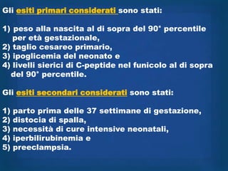 Gli esiti primari considerati sono stati:

1) peso alla nascita al di sopra del 90° percentile
   per età gestazionale,
2) taglio cesareo primario,
3) ipoglicemia del neonato e
4) livelli sierici di C-peptide nel funicolo al di sopra
  del 90° percentile.

Gli esiti secondari considerati sono stati:

1)   parto prima delle 37 settimane di gestazione,
2)   distocia di spalla,
3)   necessità di cure intensive neonatali,
4)   iperbilirubinemia e
5)   preeclampsia.
 