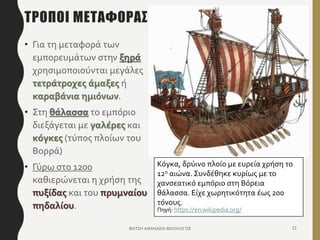 ΤΡΟΠΟΙ ΜΕΤΑΦΟΡΑΣ
• Για τη μεταφορά των
εμπορευμάτων στην ξηρά
χρησιμοποιούνται μεγάλες
τετράτροχες άμαξες ή
καραβάνια ημιόνων.
• Στη θάλασσα το εμπόριο
διεξάγεται με γαλέρες και
κόγκες (τύπος πλοίων του
Βορρά)
• Γύρω στο 1200
καθιερώνεται η χρήση της
πυξίδας και του πρυμναίου
πηδαλίου.
ΦΑΤΣΗ ΑΘΑΝΑΣΙΑ ΦΙΛΟΛΟΓΟΣ 21
Κόγκα, δρύινο πλοίο με ευρεία χρήση το
12ο αιώνα. Συνδέθηκε κυρίως με το
χανσεατικό εμπόριο στη Βόρεια
θάλασσα. Είχε χωρητικότητα έως 200
τόνους.
Πηγή: https://en.wikipedia.org/
 