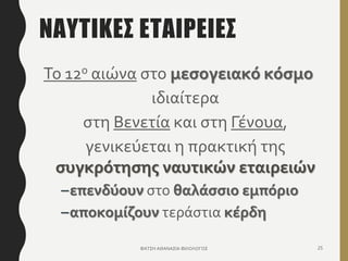 ΝΑΥΤΙΚΕΣ ΕΤΑΙΡΕΙΕΣ
Το 12ο αιώνα στο μεσογειακό κόσμο
ιδιαίτερα
στη Βενετία και στη Γένουα,
γενικεύεται η πρακτική της
συγκρότησης ναυτικών εταιρειών
–επενδύουν στο θαλάσσιο εμπόριο
–αποκομίζουν τεράστια κέρδη
ΦΑΤΣΗ ΑΘΑΝΑΣΙΑ ΦΙΛΟΛΟΓΟΣ 25
 