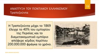Η Τραπεζούντα μέχρι το 1869
έλεγχε το 40% του εμπορίου
της Περσίας και το
διαμετακομιστικό εμπόριο
απέφερε κέρδος περίπου
200.000.000 φράγκα το χρόνο.
ΦΑΤΣΗ ΑΘΑΝΑΣΙΑ ΦΙΛΟΛΟΓΟΣ
19
ΑΝΑΠΤΥΞΗ ΤΟΥ ΠΟΝΤΙΑΚΟΥ ΕΛΛΗΝΙΣΜΟΥ
Τραπεζούντα
 
