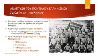 ΑΝΑΠΤΥΞΗ ΤΟΥ ΠΟΝΤΙΑΚΟΥ ΕΛΛΗΝΙΣΜΟΥ
Σχολεία και εκκλησίες
 Στις αρχές του 20ού αιώνα δεν υπήρχε ποντιακό
χωριό χωρίς δικό του σχολείο και δίκη του
εκκλησία.
 Σύμφωνα με τη στατιστική του Παναρέτου,
 το 1913 στις επαρχίες των έξι μητροπόλεων του
Πόντου κατοικούσαν 697.000 Έλληνες
 Το ίδιο διάστημα, σύμφωνα με τον Γ. Λαμψίδη,
λειτουργούσαν
 1.890 εκκλησίες,
 22 μοναστήρια,
 1.647 παρεκκλήσια και
 1.401 σχολεία με 85.890 μαθητές.
ΦΑΤΣΗ ΑΘΑΝΑΣΙΑ ΦΙΛΟΛΟΓΟΣ
25
 