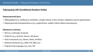 Database Builder – Εξαγωγή Ονομάτων Οντοτήτων
Ταξινομητής CRF (Conditional Random Fields)
Χαρακτηριστικά όρων
• Ορθογραφικά (π.χ. προθέματα, καταλήξεις, ύπαρξη τελείας ή κάτω παύλας, κεφαλαίος πρώτος χαρακτήρας)
• Χαρακτηριστικά Αναπαραστάσεων (π.χ. ομάδα Brown, ομάδα K-Means βάσει διανύσματος)
Εξαγόμενες οντότητες
• APIs (π.χ. toString(), ArrayList)
• Platforms (π.χ. Android, Ubuntu, Windows)
• Tools-Frameworks (π.χ. Maven, Weka, JProfiler)
• Software Standards (π.χ. JSON, TCP, JDBC, jar)
• Programming Languages (π.χ. Java, C#)
Θεσσαλονίκη, Ιούλιος 2018 StackSearch RSSE 9/35
 