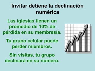 Invitar detiene la declinación
numérica
Las iglesias tienen un
promedio de 10% de
pérdida en su membresía.
Tu grupo celular puede
perder miembros.
Sin visitas, tu grupo
declinará en su número.
 