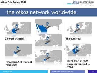 the oikos network worldwide oikos Fair Spring 2009 24 local chapters! 18 countries! more than 500 student members! more than 21.000 students reached in 2008 ! 