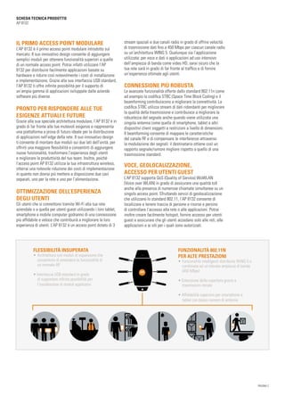 SCHEDA TECNICA PRODOTTO
AP 8132
PAGINA 2
FLESSIBILITÀ INSUPERATA
•	Architettura con moduli di espansione che
consentono di estendere le funzionalità di
un normale AP
• Interfaccia USB standard in grado
di supportare infinite possibilità per
l’installazione di moduli applicativi
FUNZIONALITÀ 802.11N
PER ALTE PRESTAZIONI
•	Funzionalità intelligenti distribuite WiNG 5 e
combinate ad un’elevata ampiezza di banda
(450 Mbps)
• Estensione della copertura grazie a
trasmissioni mirate
• Affidabilità superiore per smartphone e
tablet con basso numero di antenne
IL PRIMO ACCESS POINT MODULARE
L’AP 8132 è il primo access point modulare introdotto sul
mercato. Il suo innovativo design consente di aggiungere
semplici moduli per ottenere funzionalità superiori a quelle
di un normale access point. Potrai infatti utilizzare l’AP
8132 per distribuire facilmente applicazioni basate su
hardware e ridurre così notevolmente i costi di installazione
e implementazione. Grazie alla sua interfaccia USB standard,
l’AP 8132 ti offre infinite possibilità per il supporto di
un’ampia gamma di applicazioni sviluppate dalle aziende
software più diverse.
PRONTO PER RISPONDERE ALLE TUE
ESIGENZE ATTUALI E FUTURE
Grazie alla sua speciale architettura modulare, l’AP 8132 è in
grado di far fronte alle tue mutevoli esigenze e rappresenta
una piattaforma a prova di futuro ideale per la distribuzione
di applicazioni nell’edge della rete. Il suo innovativo design
ti consente di montare due moduli sui due lati dell’unità, per
offrirti una maggiore flessibilità e consentirti di aggiungere
nuove funzionalità, trasformare l’esperienza degli utenti
e migliorare la produttività del tuo team. Inoltre, poiché
l’access point AP 8132 utilizza la tua infrastruttura wireless,
otterrai una notevole riduzione dei costi di implementazione
in quanto non dovrai più mettere a disposizione due cavi
separati, uno per la rete e uno per l’alimentazione.
OTTIMIZZAZIONE DELL’ESPERIENZA
DEGLI UTENTI
Gli utenti che si connettono tramite Wi-Fi alla tua rete
aziendale o a quella per utenti guest utilizzando i loro tablet,
smartphone e mobile computer godranno di una connessione
più affidabile e veloce che contribuirà a migliorare la loro
esperienza di utenti. L’AP 8132 è un access point dotato di 3
stream spaziali e due canali radio in grado di offrire velocità
di trasmissione dati fino a 450 Mbps per ciascun canale radio
su un’architettura WING 5. Qualunque sia l’applicazione
utilizzata: per voce e dati o applicazioni ad uso intensivo
dell’ampiezza di banda come video HD, sarai sicuro che la
tua rete sarà in grado di far fronte al traffico e di fornire
un’esperienza ottimale agli utenti.
CONNESSIONE PIÙ ROBUSTA
Le avanzate funzionalità offerte dallo standard 802.11n come
ad esempio la codifica STBC (Space Time Block Coding) e il
beamforming contribuiscono a migliorare la connettività. La
codifica STBC utilizza stream di dati ridondanti per migliorare
la qualità della trasmissione e contribuisce a migliorare la
robustezza del segnale anche quando viene utilizzata una
singola antenna come quella di smartphone, tablet e altri
dispositivi client soggetti a restrizioni a livello di dimensioni.
Il beamforming consente di mappare le caratteristiche
del canale RF e di compensare le interferenze attraverso
la modulazione dei segnali: il destinatario ottiene così un
rapporto segnale/rumore migliore rispetto a quello di una
trasmissione standard.
VOCE, GEOLOCALIZZAZIONE,
ACCESSO PER UTENTI GUEST
L’AP 8132 supporta QoS (Quality of Service) WoWLAN
(Voice over WLAN) in grado di assicurare una qualità toll
anche alla presenza di numerose chiamate simultanee su un
singolo access point. Sfruttando servizi di geolocalizzazione
che utilizzano lo standard 802.11, l’AP 8132 consente di
localizzare e tenere traccia di persone e risorse e persino
di controllare l’accesso alla rete o alle applicazioni. Potrai
inoltre creare facilmente hotspot, fornire accesso per utenti
guest e assicurare che gli utenti accedano solo alle reti, alle
applicazioni e ai siti per i quali sono autorizzati.
 