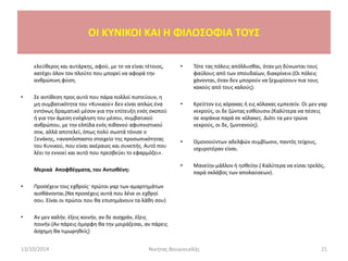 ελεύθερος και αυτάρκης, αφού, με το να είναι τέτοιος,
κατέχει όλον τον πλούτο που μπορεί να αφορά την
ανθρώπινη φύση.
• Σε αντίθεση προς αυτό που πάρα πολλοί πιστεύουν, η
μη συμβατικότητα του «Κυνικού» δεν είναι απλώς ένα
εντόνως δραματικό μέσον για την επίτευξη ενός σκοπού
ή για την άμεση ενόχληση του μέσου, συμβατικού
ανθρώπου, με την ελπίδα ενός πιθανού αφυπνιστικού
σοκ, αλλά αποτελεί, όπως πολύ σωστά τόνισε ο
Ξενάκης, «αναπόσπαστο στοιχείο της προσωπικότητας
του Κυνικού, που είναι ακέραιος και συνεπής. Αυτό που
λέει το εννοεί και αυτό που πρεσβεύει το εφαρμόζει».
Μερικά Αποφθέγματα, του Αντισθένη:
• Προσέχειν τοις εχθροίς· πρώτοι γαρ των αμαρτημάτων
αισθάνονται.(Να προσέχεις αυτά που λένε οι εχθροί
σου. Είναι οι πρώτοι που θα επισημάνουν τα λάθη σου)
• Αν μεν καλήν, έξεις κοινήν, αν δε αισχράν, έξεις
ποινήν.(Αν πάρεις όμορφη θα την μοιράζεσαι, αν πάρεις
άσχημη θα τιμωρηθείς)
13/10/2014 21Νικήτας Βουγιουκλής
OI KYNIKOI ΚΑΙ Η ΦΙΛΟΣΟΦΙΑ ΤΟΥΣ
• Τότε τας πόλεις απόλλυσθαι, όταν μη δύνωνται τους
φαύλους από των σπουδαίων, διακρίνειν.(Οι πόλεις
χάνονται, όταν δεν μπορούν να ξεχωρίσουν πια τους
κακούς από τους καλούς).
• Κρείττον εις κόρακας ή εις κόλακας εμπεσείν. Οι μεν γαρ
νεκρούς, οι δε ζώντας εσθίουσιν.(Καλύτερα να πέσεις
σε κοράκια παρά σε κόλακες. Διότι τα μεν τρώνε
νεκρούς, οι δε, ζωντανούς).
• Ομονοούντων αδελφών συμβίωσιν, παντός τείχους,
ισχυροτέραν είναι.
• Μανείην μάλλον ή ησθείην.( Καλύτερα να είσαι τρελός,
παρά σκλάβος των απολαύσεων).
 