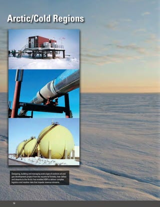Arctic/Cold Regions




 Designing, building and managing every type of onshore oil and
 gas development project from the equatorial forests, river deltas
 and deserts to the Arctic has enabled KBR to deliver complex
 logistics and resolve risks that impede revenue streams.




  14
 