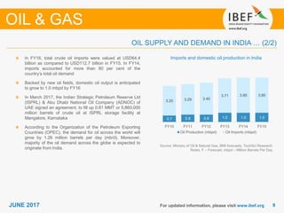 99JUNE 2017 For updated information, please visit www.ibef.org
Imports and domestic oil production in India
Source: Ministry of Oil & Natural Gas, BMI forecasts, TechSci Research
Notes: F – Forecast, mbpd – Million Barrels Per Day
In FY16, total crude oil imports were valued at USD64.4
billion as compared to USD112.7 billion in FY15. In FY14,
imports accounted for more than 80 per cent of the
country’s total oil demand
Backed by new oil fields, domestic oil output is anticipated
to grow to 1.0 mbpd by FY16
In March 2017, the Indian Strategic Petroleum Reserve Ltd
(ISPRL) & Abu Dhabi National Oil Company (ADNOC) of
UAE signed an agreement, to fill up 0.81 MMT or 5,860,000
million barrels of crude oil at ISPRL storage facility at
Mangalore, Karnataka
According to the Organization of the Petroleum Exporting
Countries (OPEC), the demand for oil across the world will
grow by 1.26 million barrels per day (mb/d). Moreover,
majority of the oil demand across the globe is expected to
originate from India.
OIL SUPPLY AND DEMAND IN INDIA … (2/2)
OIL & GAS
0.7 0.8 0.8 1.0 1.0 1.0
3.20 3.29 3.45
3.71 3.80 3.80
FY10 FY11 FY12 FY13 FY14 FY15
Oil Production (mbpd) Oil Imports (mbpd)
 