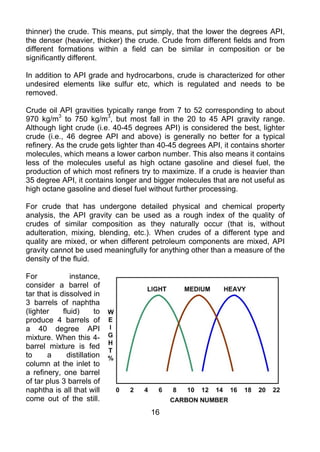 thinner) the crude. This means, put simply, that the lower the degrees API,
the denser (heavier, thicker) the crude. Crude from different fields and from
different formations within a field can be similar in composition or be
significantly different.

In addition to API grade and hydrocarbons, crude is characterized for other
undesired elements like sulfur etc, which is regulated and needs to be
removed.

Crude oil API gravities typically range from 7 to 52 corresponding to about
970 kg/m3 to 750 kg/m3, but most fall in the 20 to 45 API gravity range.
Although light crude (i.e. 40-45 degrees API) is considered the best, lighter
crude (i.e., 46 degree API and above) is generally no better for a typical
refinery. As the crude gets lighter than 40-45 degrees API, it contains shorter
molecules, which means a lower carbon number. This also means it contains
less of the molecules useful as high octane gasoline and diesel fuel, the
production of which most refiners try to maximize. If a crude is heavier than
35 degree API, it contains longer and bigger molecules that are not useful as
high octane gasoline and diesel fuel without further processing.

For crude that has undergone detailed physical and chemical property
analysis, the API gravity can be used as a rough index of the quality of
crudes of similar composition as they naturally occur (that is, without
adulteration, mixing, blending, etc.). When crudes of a different type and
quality are mixed, or when different petroleum components are mixed, API
gravity cannot be used meaningfully for anything other than a measure of the
density of the fluid.

For             instance,
consider a barrel of
tar that is dissolved in
3 barrels of naphtha
(lighter     fluid)       to
produce 4 barrels of
a 40 degree API
mixture. When this 4-
barrel mixture is fed
to     a       distillation
column at the inlet to
a refinery, one barrel
of tar plus 3 barrels of
naphtha is all that will
come out of the still.
                                      16
 