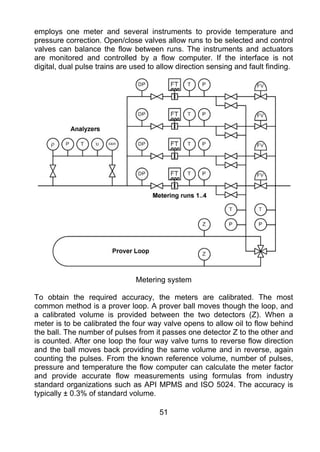 employs one meter and several instruments to provide temperature and
pressure correction. Open/close valves allow runs to be selected and control
valves can balance the flow between runs. The instruments and actuators
are monitored and controlled by a flow computer. If the interface is not
digital, dual pulse trains are used to allow direction sensing and fault finding.




                               Metering system

To obtain the required accuracy, the meters are calibrated. The most
common method is a prover loop. A prover ball moves though the loop, and
a calibrated volume is provided between the two detectors (Z). When a
meter is to be calibrated the four way valve opens to allow oil to flow behind
the ball. The number of pulses from it passes one detector Z to the other and
is counted. After one loop the four way valve turns to reverse flow direction
and the ball moves back providing the same volume and in reverse, again
counting the pulses. From the known reference volume, number of pulses,
pressure and temperature the flow computer can calculate the meter factor
and provide accurate flow measurements using formulas from industry
standard organizations such as API MPMS and ISO 5024. The accuracy is
typically ± 0.3% of standard volume.

                                       51
 