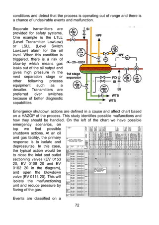 conditions and detect that the process is operating out of range and there is
a chance of undesirable events and malfunction.

Separate transmitters are
provided for safety systems.
One example is the LTLL
(Level Transmitter LowLow)
or LSLL (Level Switch
LowLow) alarm for the oil
level. When this condition is
triggered, there is a risk of
blow-by which means gas
leaks out of the oil output and
gives high pressure in the
next separation stage or
other     following     process
equipment       such     as   a
desalter. Transmitters are
preferred      over    switches
because of better diagnostic
capabilities

Emergency shutdown actions are defined in a cause and affect chart based
on a HAZOP of the process. This study identifies possible malfunctions and
how they should be handled. On the left of the chart we have possible
emergency scenarios, on
top     we     find  possible
shutdown actions. At an oil
and gas facility, the primary
response is to isolate and
depressurize. In this case,
the typical action would be
to close the inlet and outlet
sectioning valves (EV 0153
20, EV 0108 20 and EV
0102 20 in the diagram),
and open the blowdown
valve (EV 0114 20). This will
isolate the malfunctioning
unit and reduce pressure by
flaring of the gas.

Events are classified on a
                                     72
 