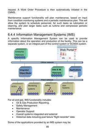 request. A Work Order Procedure is then automatically initiated in the
CMMS.

Maintenance support functionality will plan maintenance, based on input
from condition monitoring systems and a periodic maintenance plan. This will
allow the system to schedule personnel, for such tasks as lubrication or
cleaning, and plan larger tasks such as turbine and compressor periodic
maintenance.

6.4.4 Information Management Systems (IMS)
A specific Information Management System can be used to provide
information about the operation and production of the facility. This can be a
separate system, or an integral part of the control system or SCADA system.

                                                      Web Portal
       Enterprise
       Historians




            Integrated                        Data & AE              Applications
            Object Model                      Historians




                     Monitoring      Safety                Sub-
   DCS’s
                                                           Systems
                     systems




For oil and gas, IMS functionality includes:
    • Oil & Gas Production Reporting.
    • Safety Management
    • Maintenance
    • Operator Support
    • Overall systems integrated and external
    • Historical data including post failure "flight recorder" data

Some of the applications provided by an IMS system may be:
                                      80
 