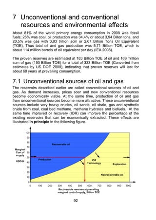 7 Unconventional and conventional
  resources and environmental effects
About 81% of the world primary energy consumption in 2008 was fossil
fuels; 26% was coal, oil production was 34,4% or about 3,94 Billon tons, and
20,5% was gas with 3,03 trillion scm or 2,67 Billion Tons Oil Equivalent
(TOE). Thus total oil and gas production was 5,71 Billion TOE, which is
about 114 million barrels of oil equivalent per day (IEA 2008).

The proven reserves are estimated at 183 Billion TOE of oil and 169 Trillion
scm of gas (150 Billion TOE) for a total of 333 Billion TOE (Converted from
estimates by US DOE 2008), indicating that proven reserves will last for
about 60 years at prevailing consumption.

7.1 Unconventional sources of oil and gas
The reservoirs described earlier are called conventional sources of oil and
gas. As demand increases, prices soar and new conventional resources
become economically viable. At the same time, production of oil and gas
from unconventional sources become more attractive. These unconventional
sources include very heavy crudes, oil sands, oil shale, gas and synthetic
crude from coal, coal bed methane, methane hydrates and biofuels. At the
same time improved oil recovery (IOR) can improve the percentage of the
existing reservoirs that can be economically extracted. These effects are
illustrated in principle in the following figure.

           100

           90
           80
                              Recoverable oil
          70
 Marginal
 Cost of 60
  supply
          50
                 Production                                    IOR
  USD/bl   40                                               Technology              Exploration
           30

           20
                                                                         Nonrecoverable oil
           10

            0
             0   100    200       300      400        500   600    700        800      900    1000
                                  Recoverable reserves at prevailing
                                  marginal cost of supply, Billion TOE


                                                 92
 