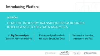 SPONSORED BY 
Introducing Platfora 
MISSION 
LEAD THE INDUSTRY TRANSITION FROM BUSINESS 
INTELLIGENCE TO BIG DATA ANALYTICS. 
#1 Big Data Analytics 
platform native on Hadoop 
End-to-end platform built 
for Multi-Structured Data 
Self-service, iterative, 
interactive, and fast 
 