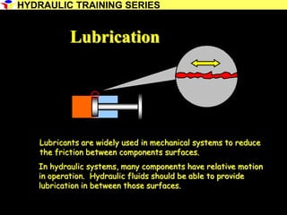 11
Lubrication
Lubricants are widely used in mechanical systems to reduce
the friction between components surfaces.
In hydraulic systems, many components have relative motion
in operation. Hydraulic fluids should be able to provide
lubrication in between those surfaces.
HYDRAULIC TRAINING SERIES
 
