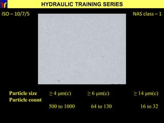 HYDRAULIC TRAINING SERIES
ISO – 10/7/5 NAS class – 1
Particle size ≥ 4 μm(c) ≥ 6 μm(c) ≥ 14 μm(c)
Particle count
500 to 1000 64 to 130 16 to 32
 