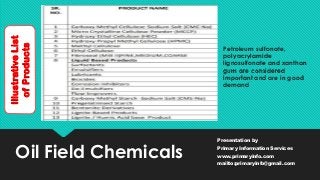 Oil Field Chemicals
Presentation by
Primary Information Services
www.primaryinfo.com
mailto:primaryinfo@gmail.com
Illustrative
List
of
Products
Petroleum sulfonate,
polyacrylamide
lignosulfonate and xanthan
gum are considered
important and are in good
demand
 